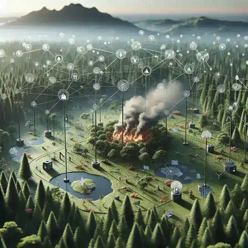"Jaringan sensor canggih yang digunakan untuk deteksi dini kebakaran hutan dan lahan, menampilkan alat pemantauan dan teknologi terkini dalam pengembangan perlindungan lingkungan."