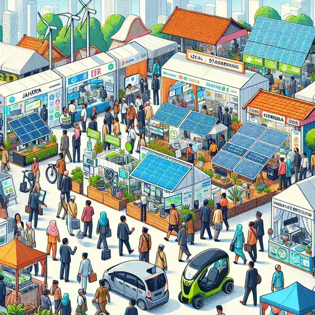 "Jakarta Fair 2025 showcasing green technology innovations from local startups, highlighting eco-friendly products and solutions for sustainable living."