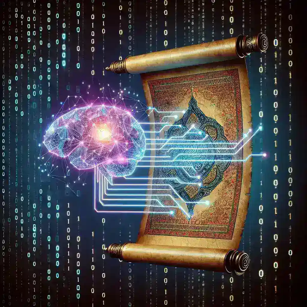 "Ilustrasi sistem kecerdasan buatan yang digunakan untuk pelestarian aksara tradisional Nusantara, menampilkan perangkat lunak analisis dan grafik aksara kuno yang berwarna-warni di layar komputer."